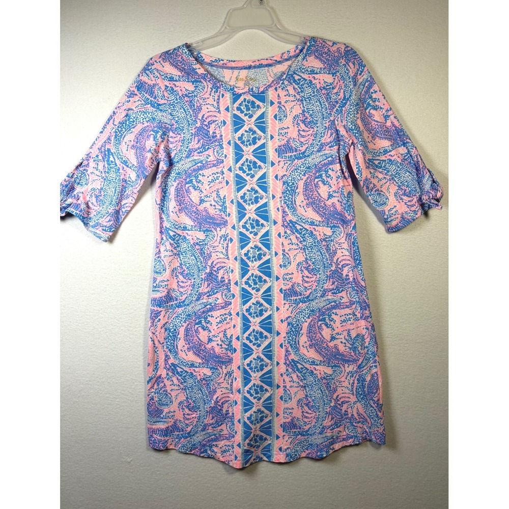 Lilly Pulitzer Dress Women S Pink Blue EUC Maybe Gator Preston Tie Sleeve
